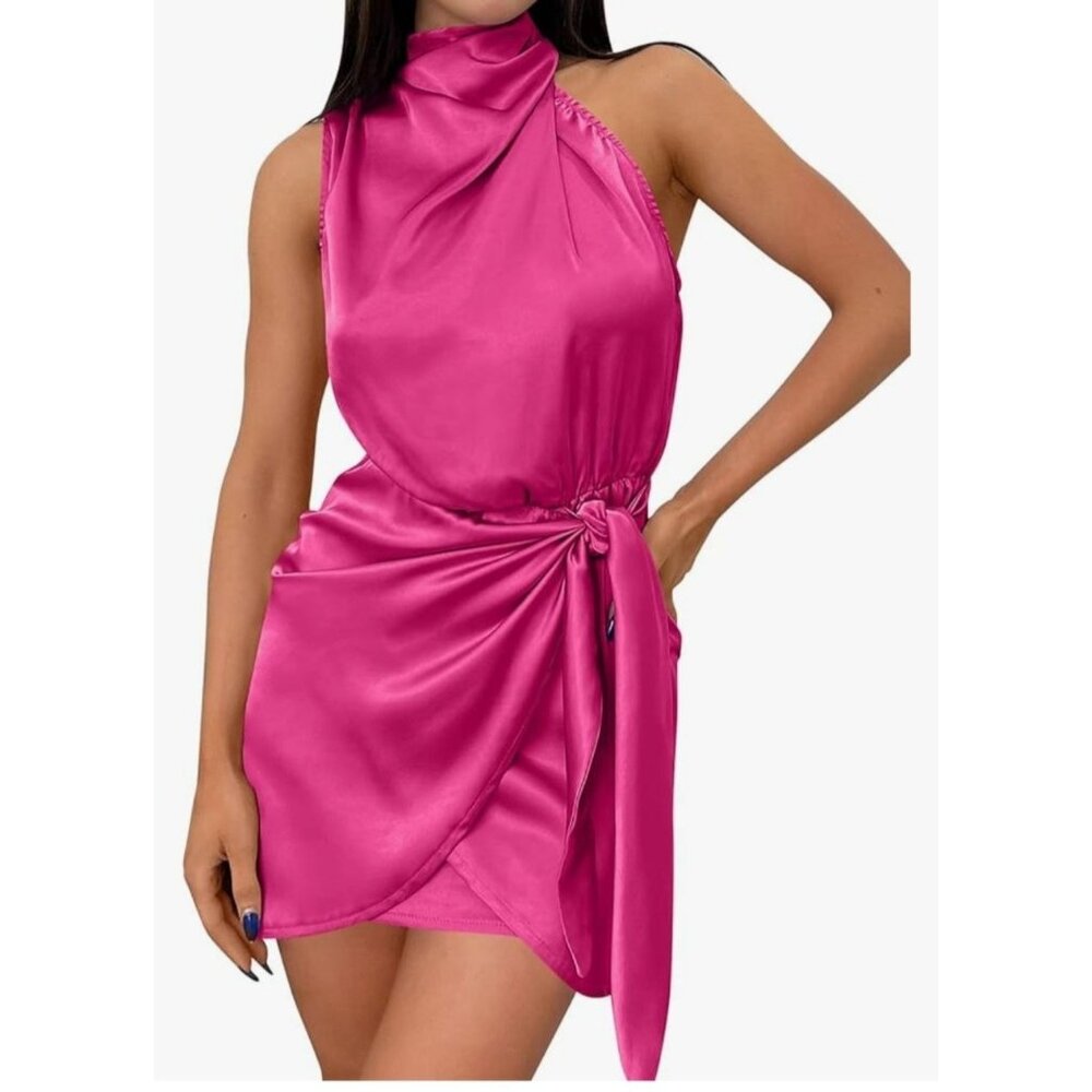 Zesica Womens Hot Pink Halter Neck Mini Dress Waist Tie Size Small Party Sexy